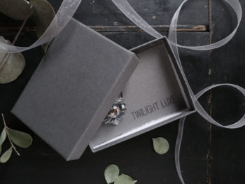 Twilight Luxe | Gift Cards | Charcoal Gray Gift Box with curled ribbon containing Handcrafted Sterling Silver Ring