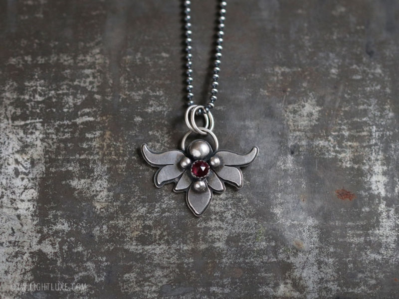 Twilight Luxe | Renewed Hope | Sterling Silver & Garnet Aralia Leaf Necklace