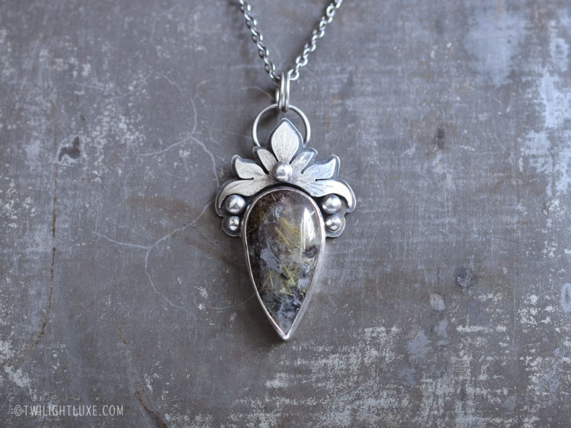 Twilight Luxe | Front view of Sterling Silver & Black Rutilated Quartz Aralia Leaf Necklace